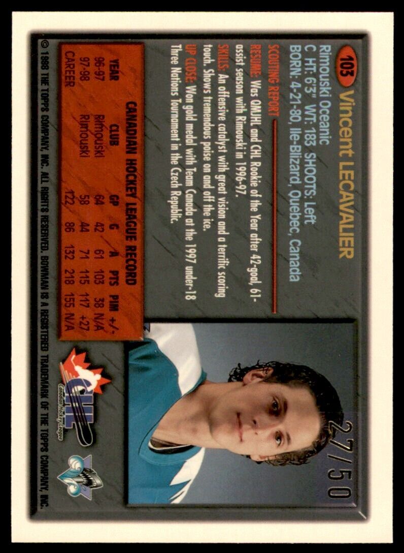 1998-99 Bowman CHL 50th Golden Vincent Lecavalier RC 27/50 #103 *Noles2148*