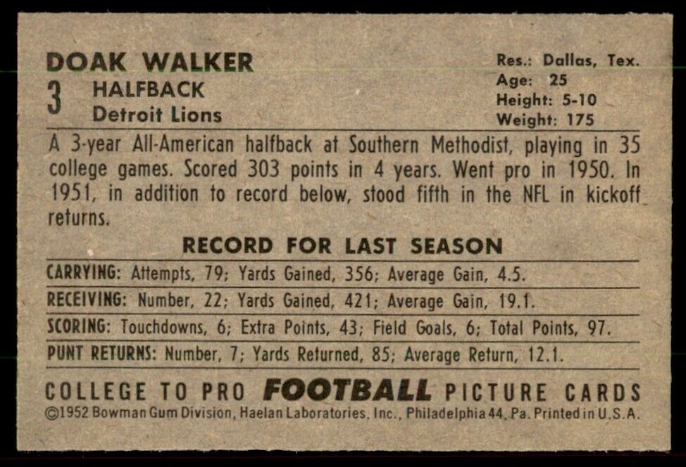 1952 Bowman Small Doak Walker NM Detroit Lions #3 *Noles2148*
