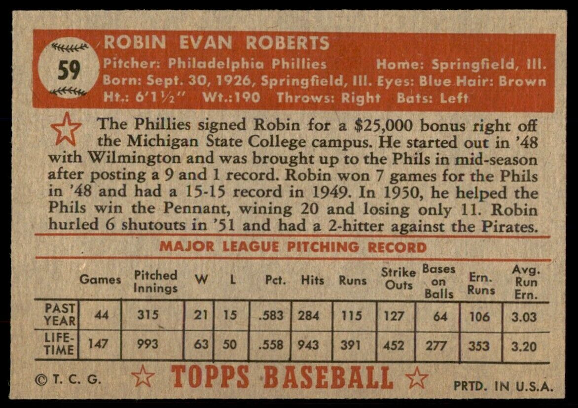 1952 Topps Robin Roberts EX-MTBEAUTY Philadelphia Phillies #59 *Noles2148*