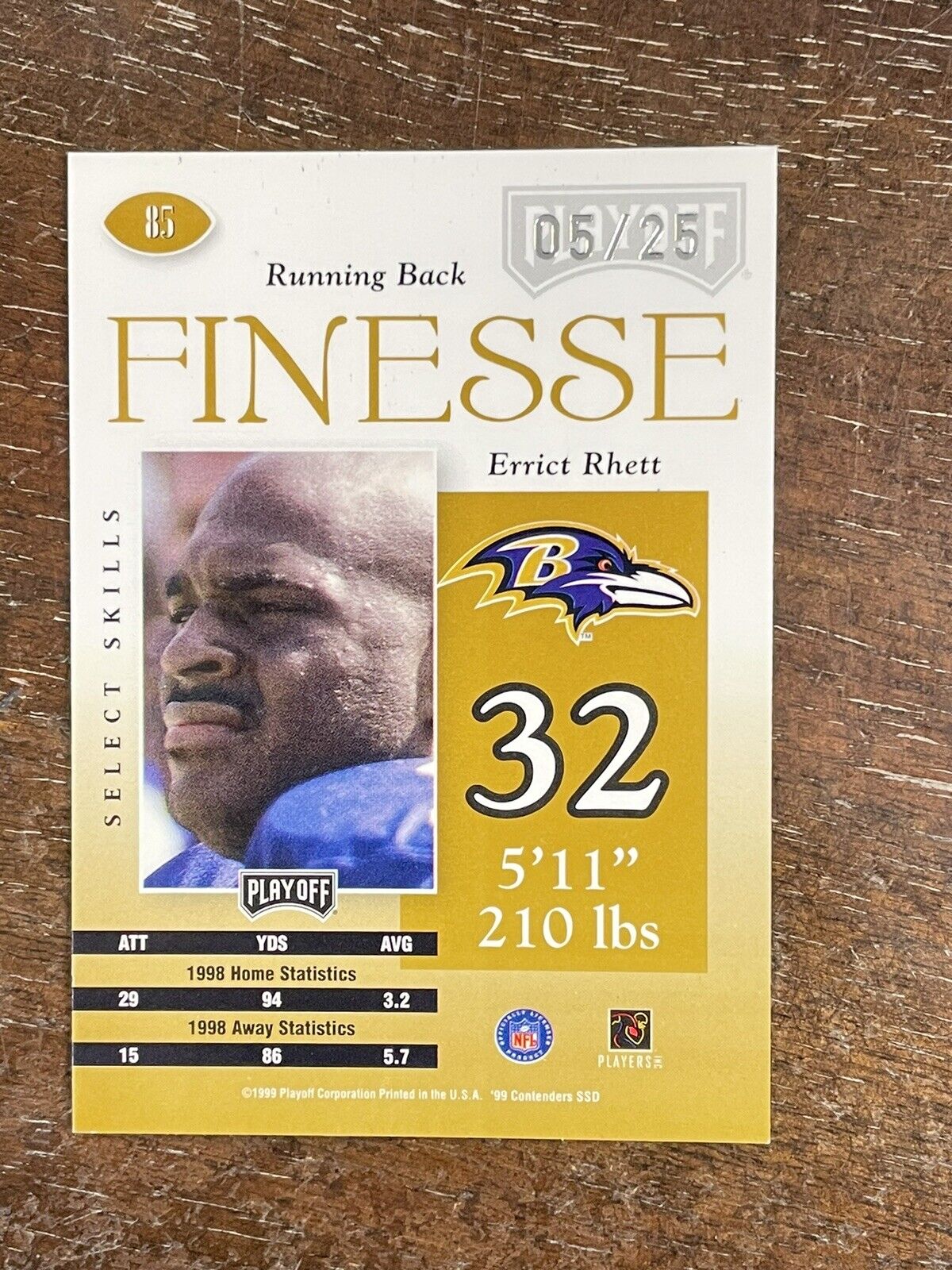 1999 Contenders Errict Rhett Finesse Gold #d 05/25 Ravens RARE *Noles2148*