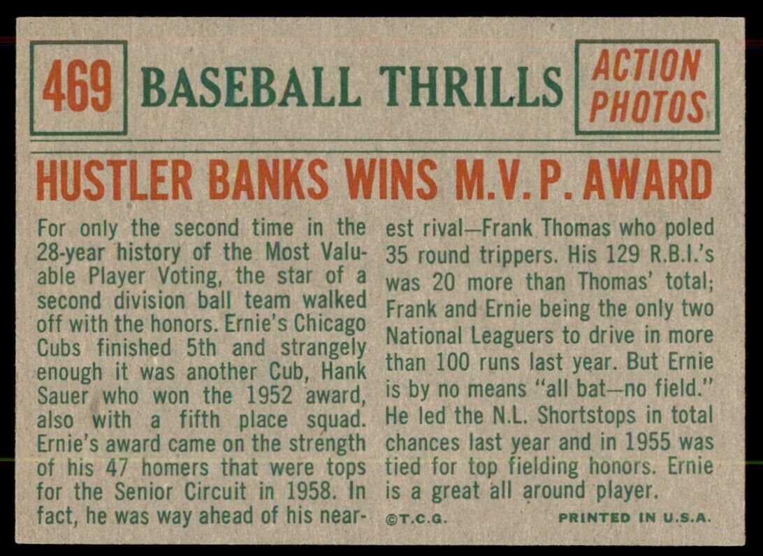 1959 Topps Ernie Banks Thrills Wins MVP NMCENTERED Cubs #469 *Noles2148*