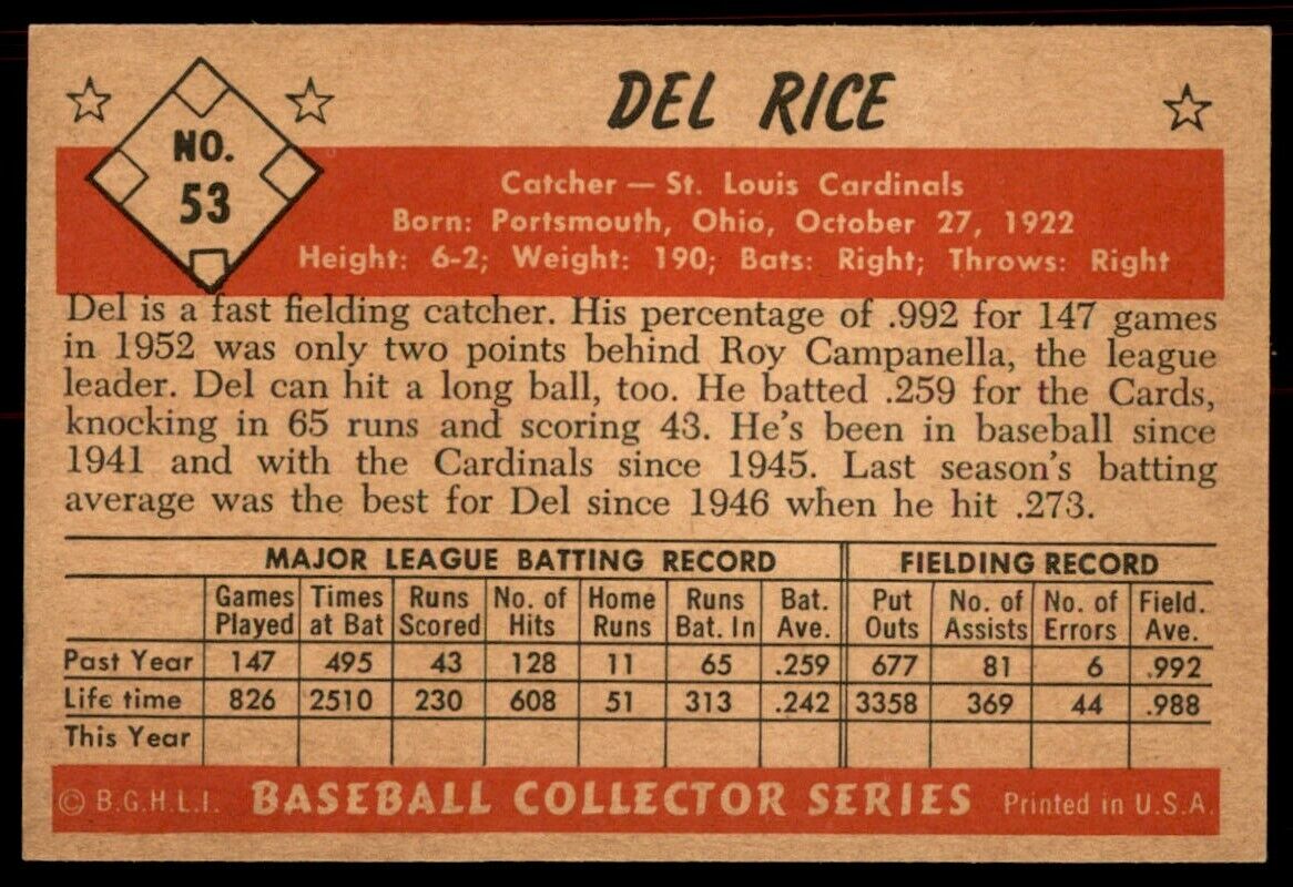 1953 Bowman Color Del Rice NM-MT or BETTER St. Louis Cardinals #53 *Noles2148*