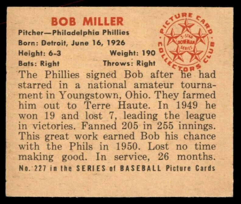 1950 Bowman NO COPYRIGHT Bob Miller RC NM+ Philadelphia Phillies #227