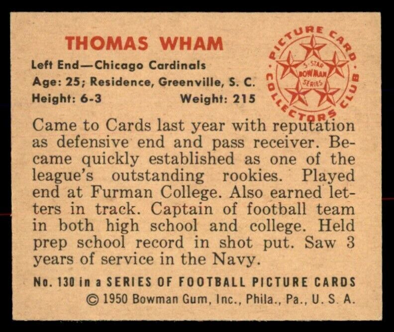 1950 Bowman Tom Wham NM++ Chicago Cardinals #130 *Noles2148*