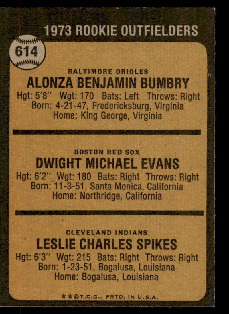 1973 Topps Dwight Evans Al Bumbry RC Rookie BEAUTY #614 *Noles2148*