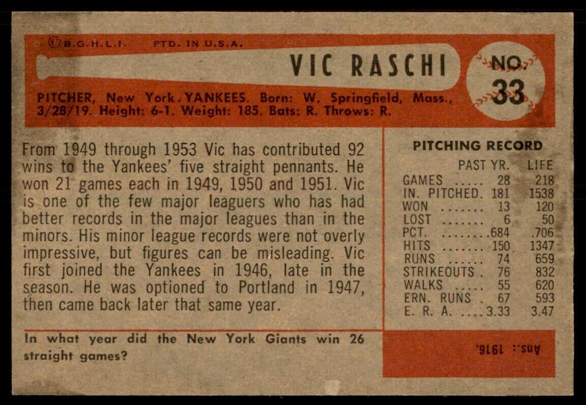 1954 Bowman HIGH END Vic Raschi NO TRADE LINE NM+ Yankees #33B *Noles2148*