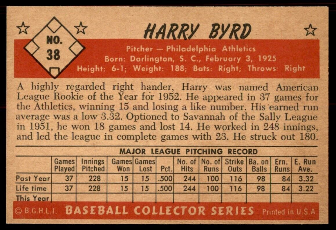 1953 Bowman Color Harry Byrd RC Rookie NM-MT Philadelphia Athletics #38