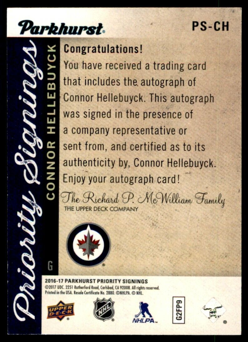 2016-17 Parkhurst Priority Signings Connor Hellebuyck Auto /20 #PS-CH