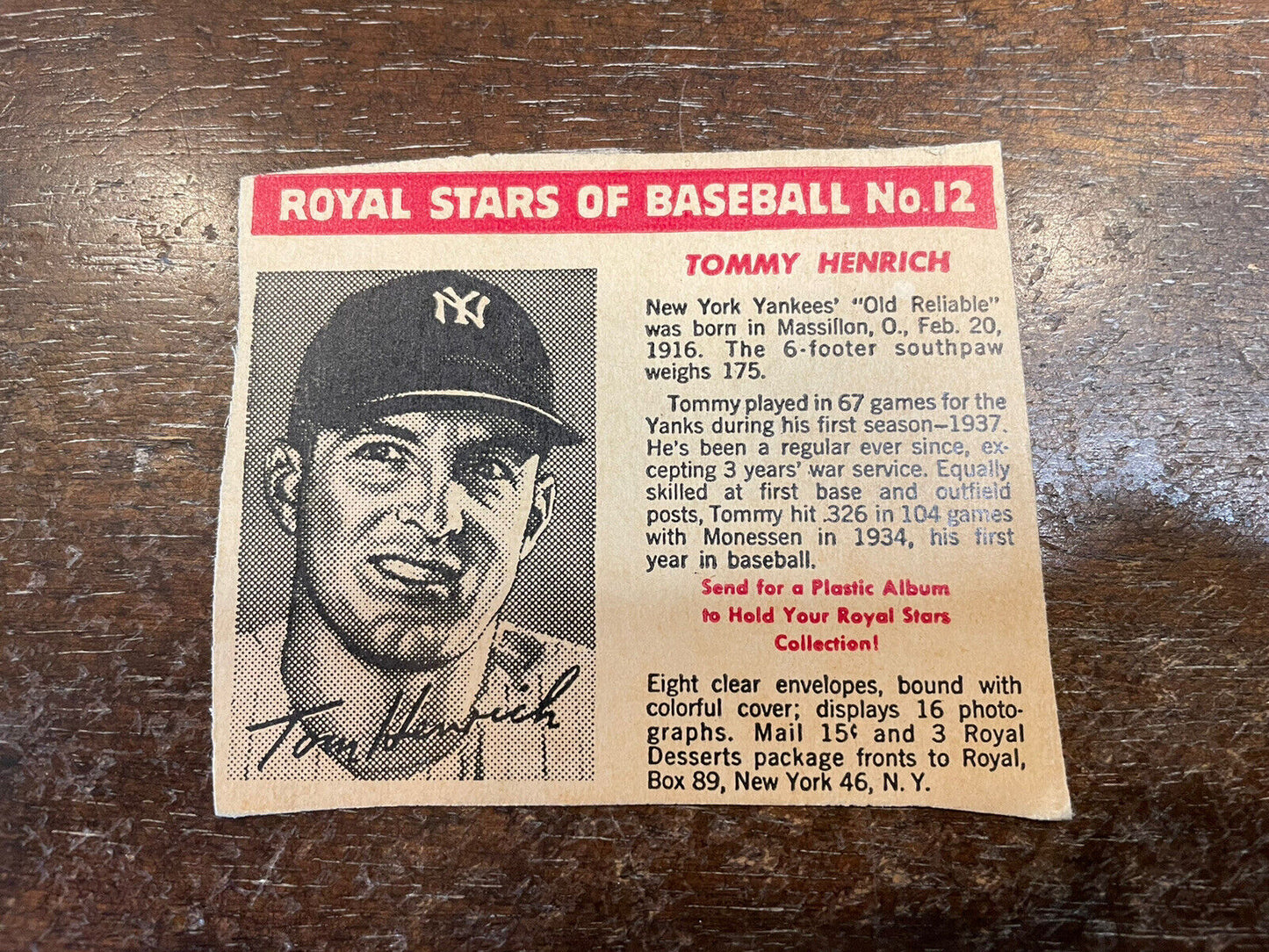 1950 Royal Desserts Set-Break # 12 Tommy Henrich Yankees RARE *Noles2148*