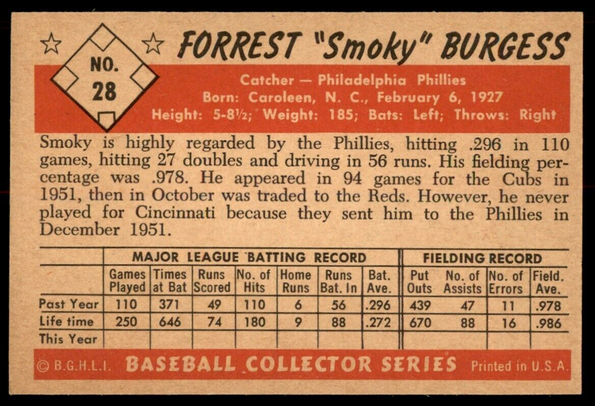 1953 Bowman Color Smoky Burgess NM+SHARP! Philadelphia Phillies #28 *Noles2148*