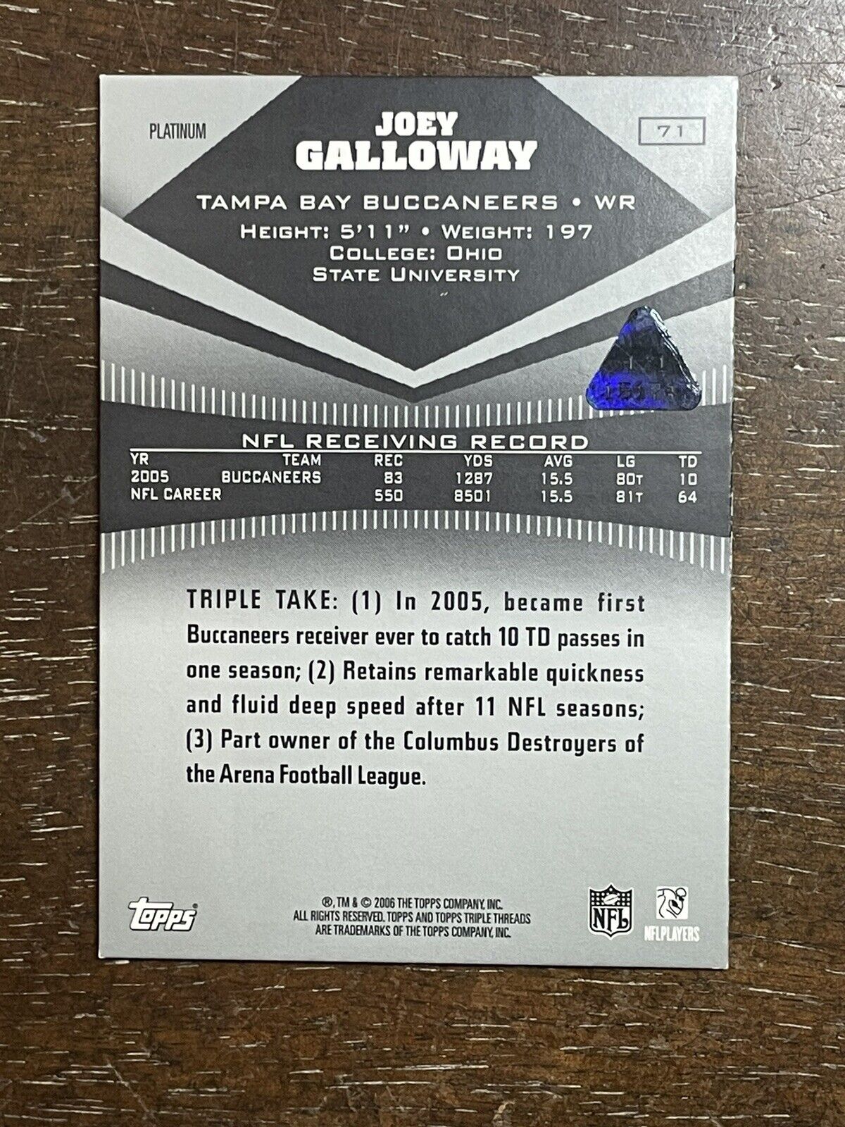 2006 Topps Triple Threads Platinum 1/1 Joey Galloway TRUE 1/1 ~ Bucs *Noles2148*