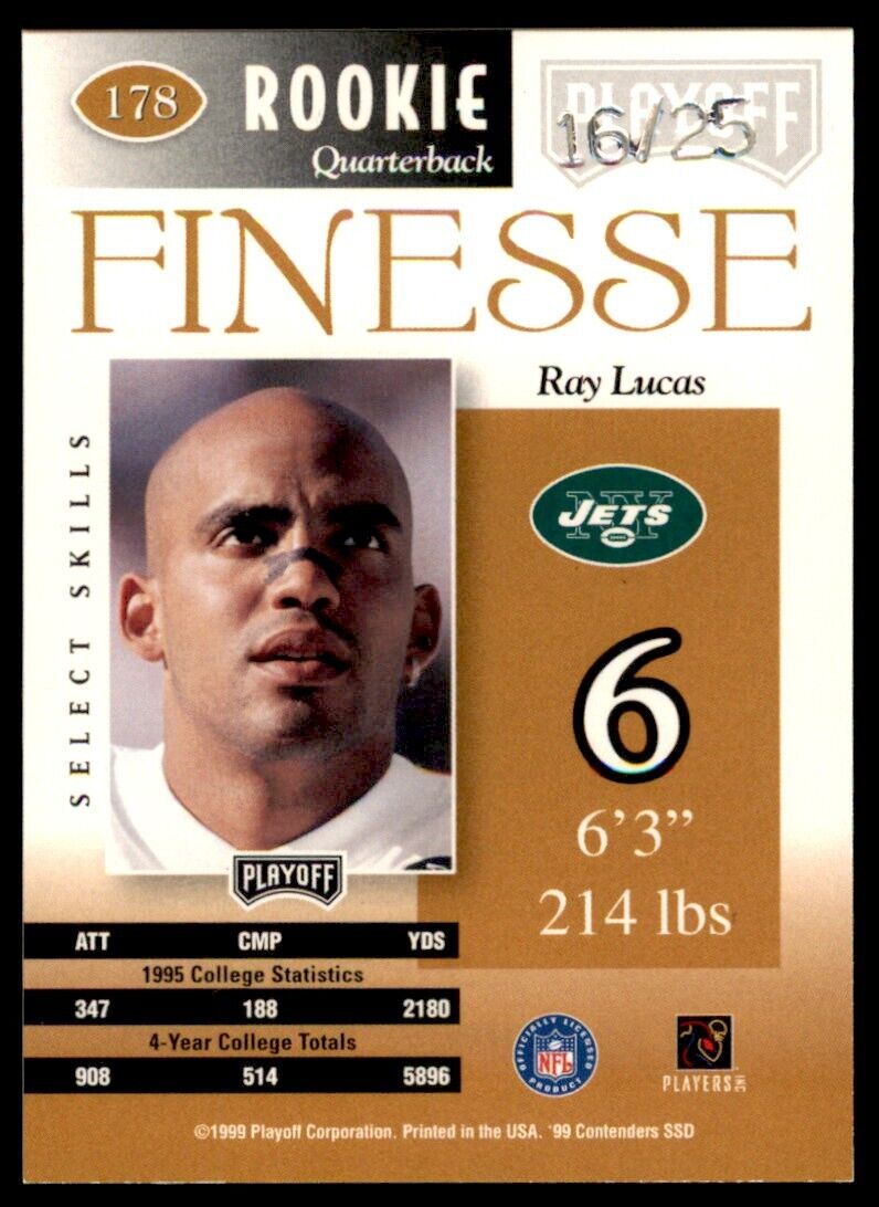 1999 Playoff Contenders SSD Finesse Gold Ray Lucas Auto RC 16/25 Jets #178B