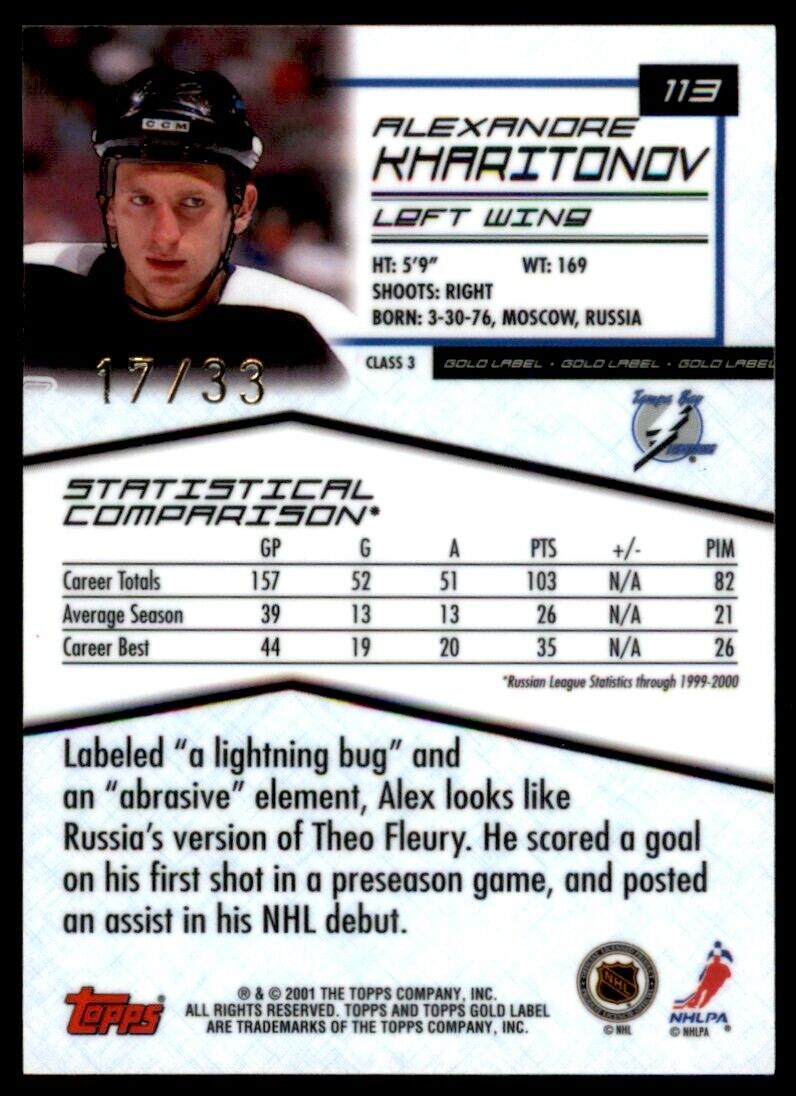 2001-02 Topps Gold Label Class 3 Alexander Kharitonov RC SSP/33 Lightning #113