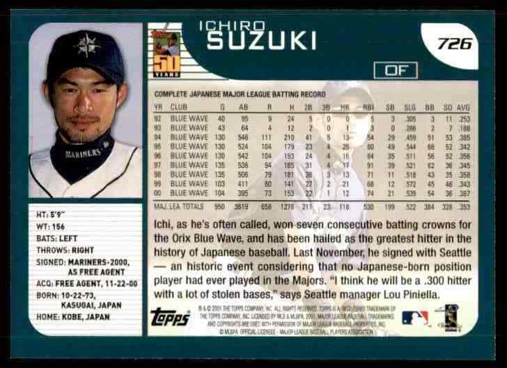 2001 Topps 50th Rookie Ichiro Suzuki RC NICE Mariners #726 *Noles2148*