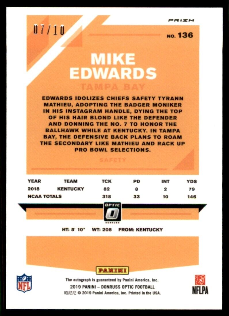 2019 Donruss Optic Gold Mike Edwards Auto RC 07/10 Buccaneers #136 *Noles2148*