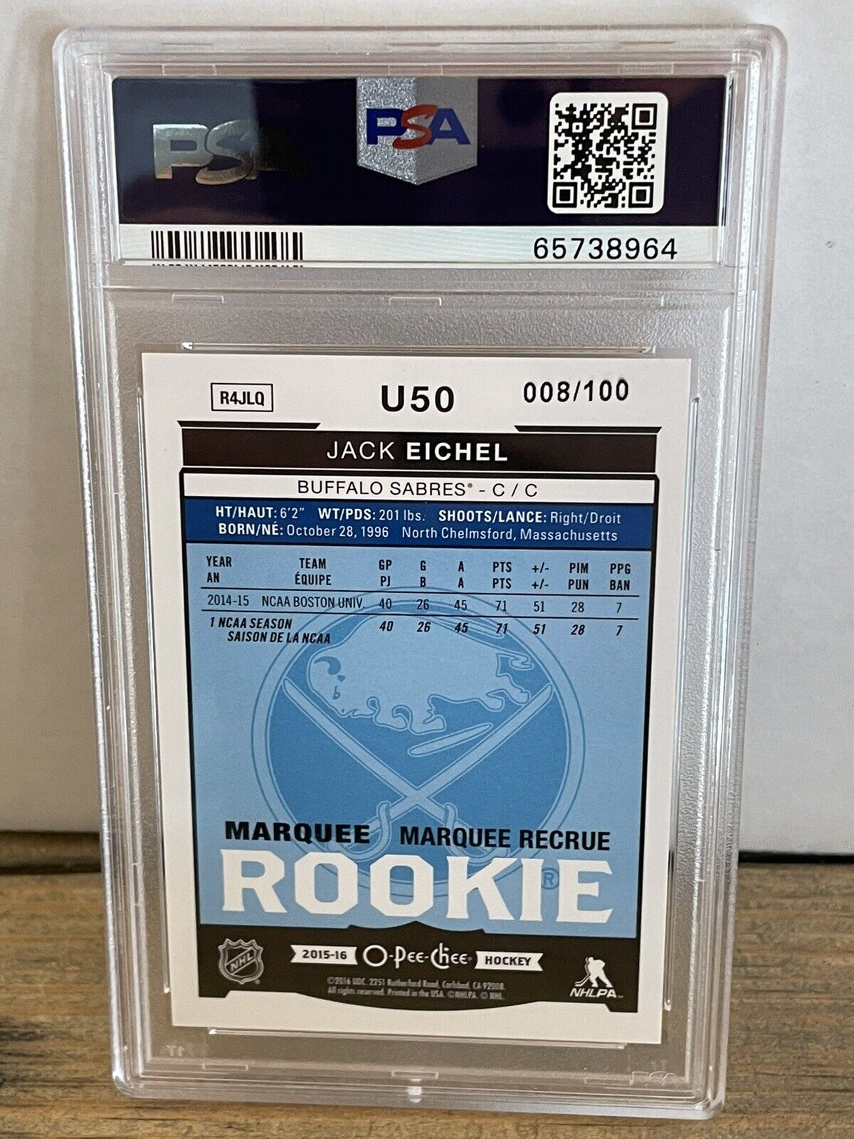 2015 O-Pee-Chee Update Black Rainbow Foil /100 Jack Eichel Rookie RC #U50 ~PSA 9