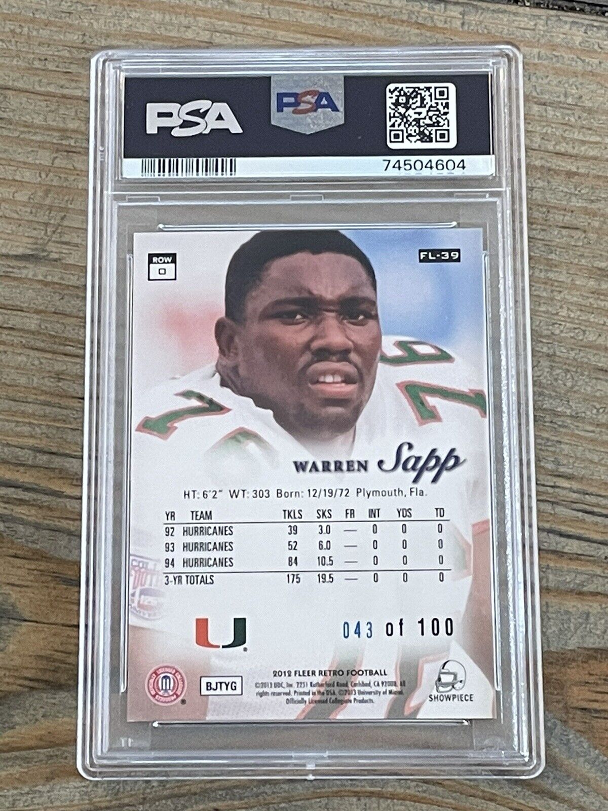 2012 Fleer Retro Warren Sapp #FL39 Flair Showcase Legacy Row 0 #d43/100 PSA 10!