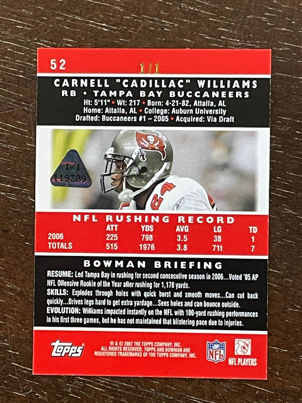 2007 TOPPS BOWMAN RED Cadillac Williams ONE OF ONE #D 1/1 Buccaneers *Noles2148*