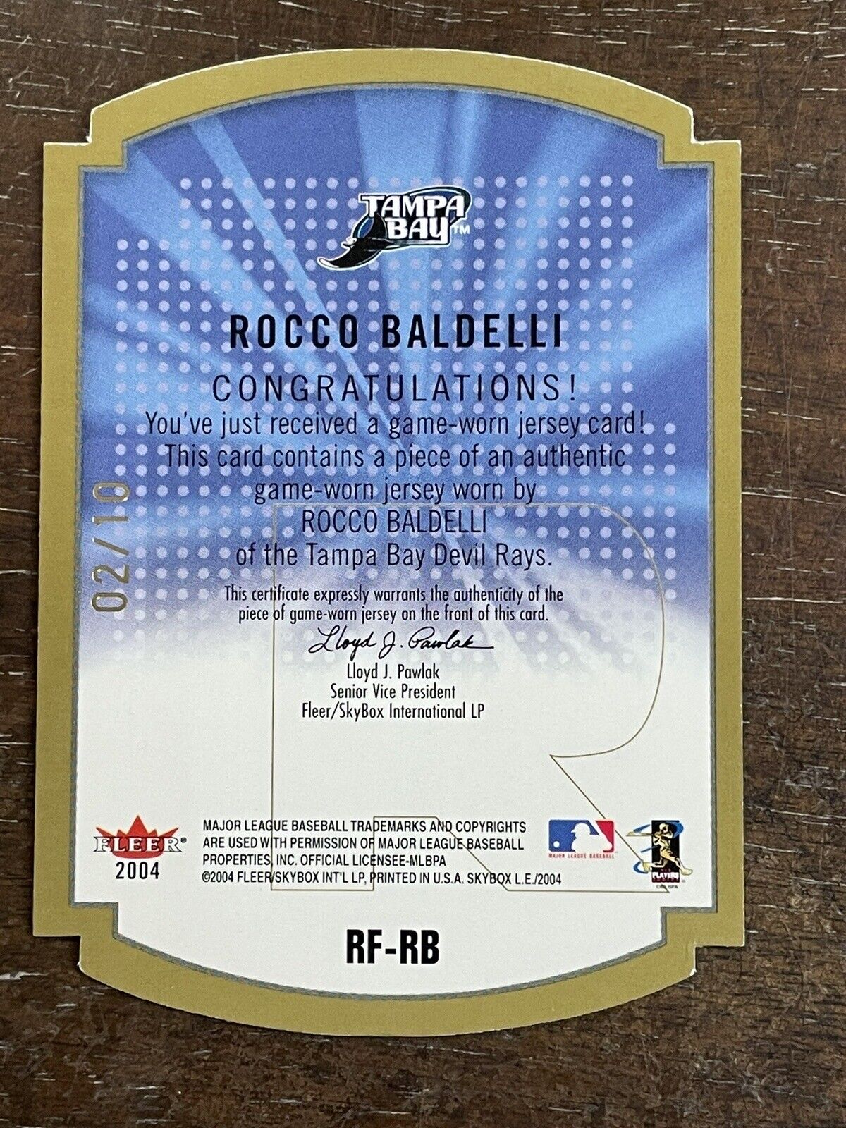 2004 Skybox Limited Edition Rare Form GOLD Rocco Baldelli GU Jersey Relic #2/10