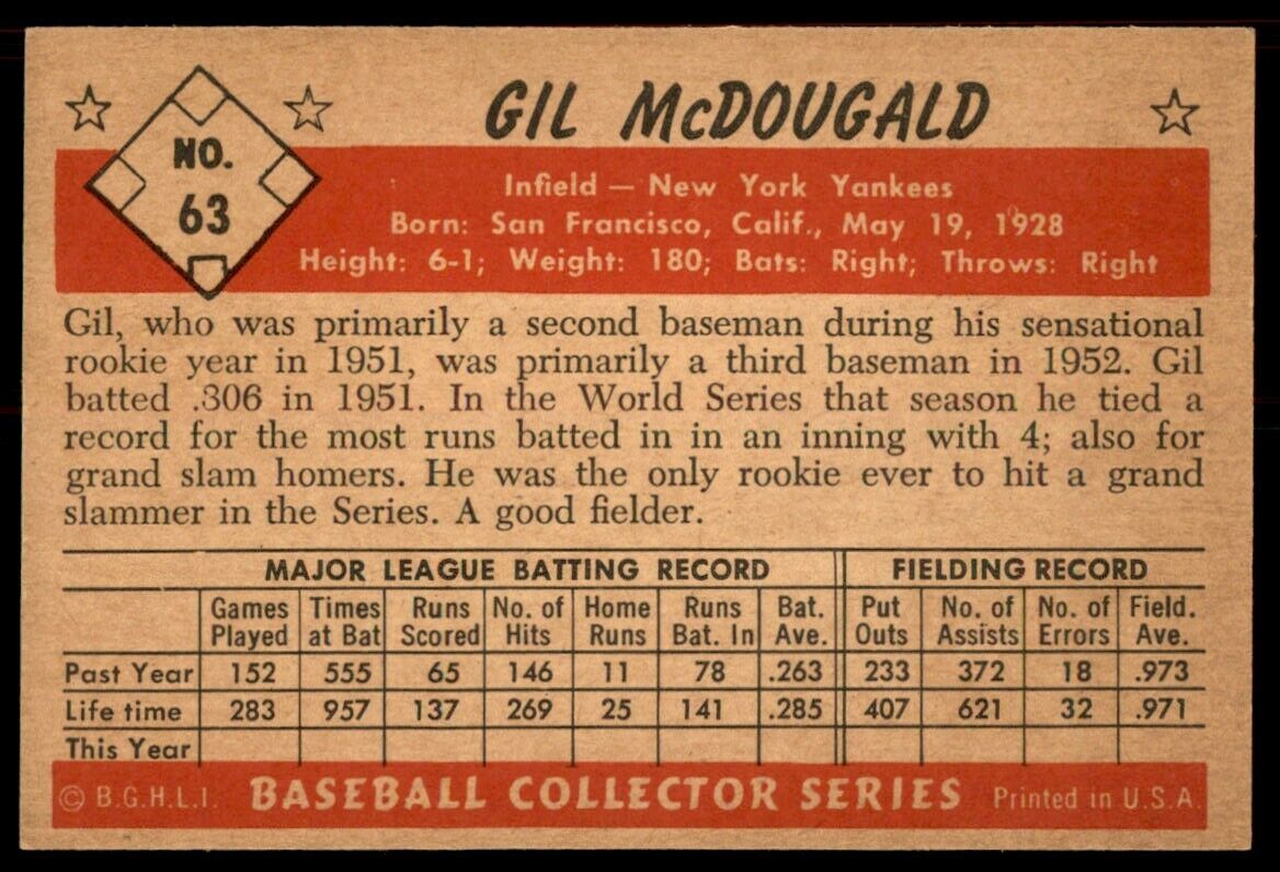 1953 Bowman Color Gil McDougald NM-MT New York Yankees #63 *Noles2148*