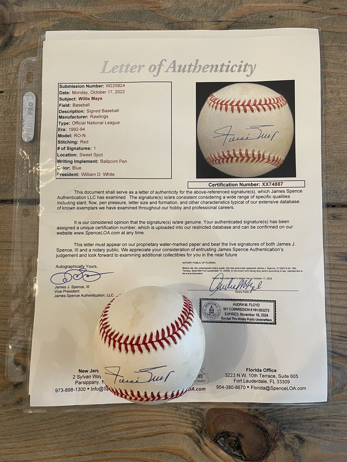 Willie Mays Signed Autographed Auto ONLB William White Baseball JSA Full LOA