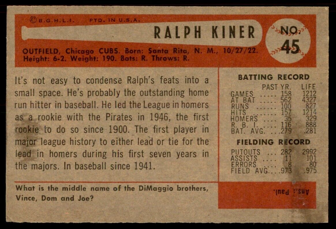 1954 Bowman HIGH END Ralph Kiner NM Chicago Cubs #45 *Noles2148*