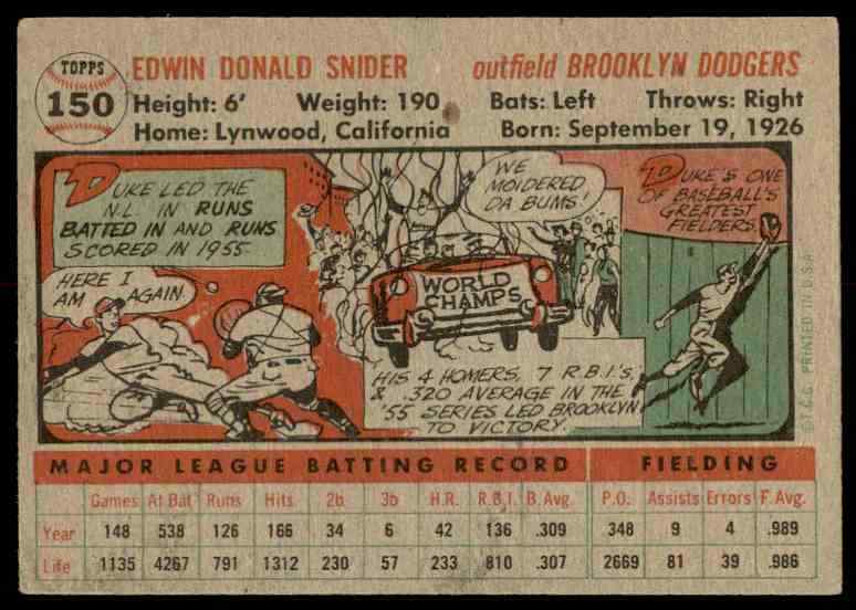 1956 Topps Duke Snider Gray Back SurfaceSratches Dodgers #150 *Noles2148*