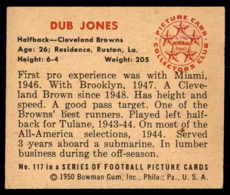 1950 Bowman Dub Jones RC Rookie Cleveland Browns #117 *Noles2148*