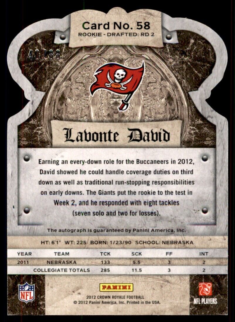 2012 Panini Crown Royale Rookie Signatures Lavonte David RC Auto /88 Bucs #58