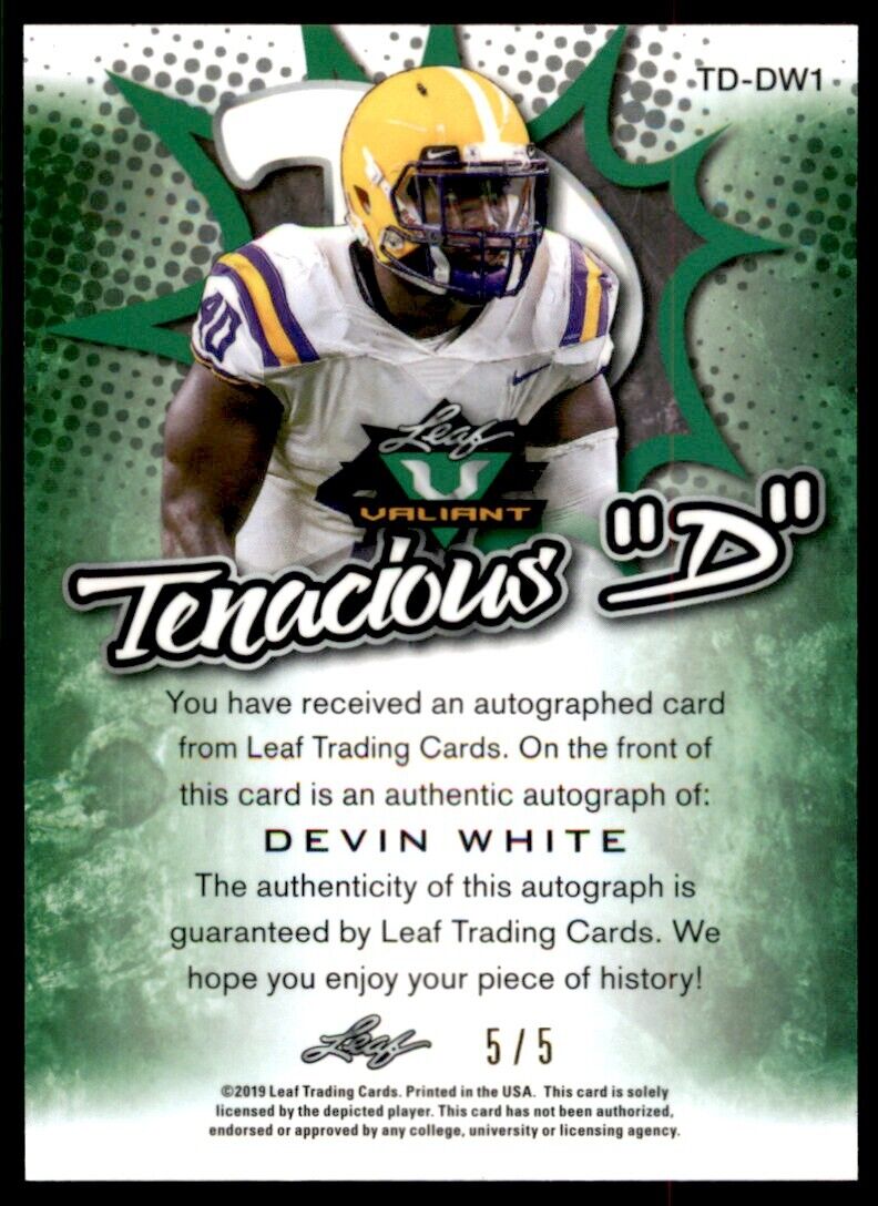 2019 Leaf Valiant BLACK Tenacious D Devin White Auto RC 5/5 LSU #BA-DW1