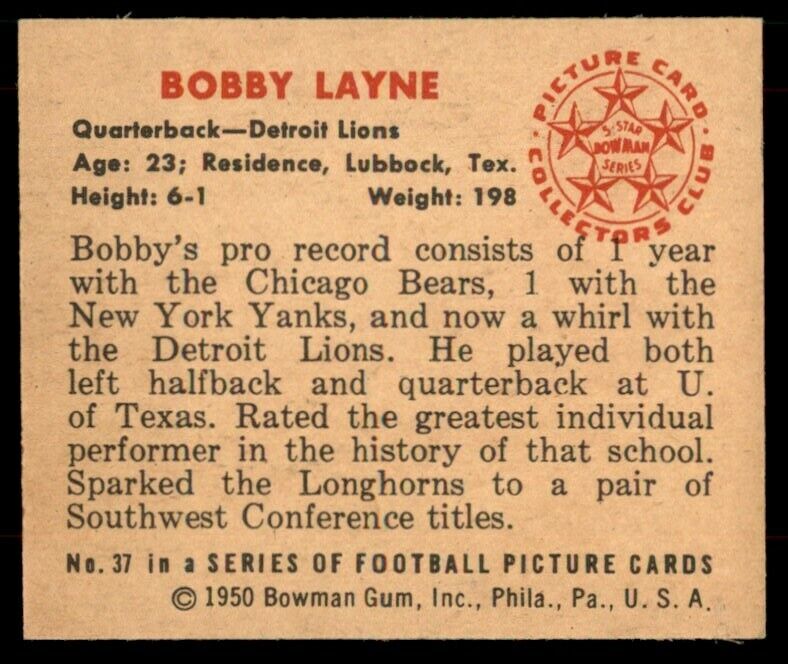 1950 Bowman Bobby Layne NICE! Lions #37 *Noles2148*