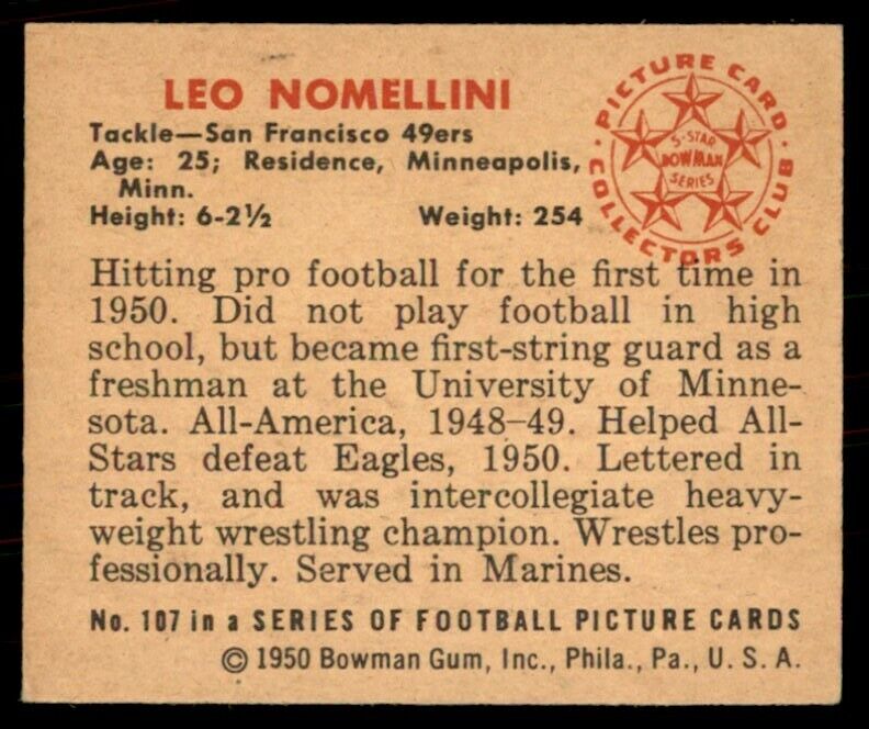 1950 Bowman Leo Nomellini NM+ San Francisco 49ers #107 *Noles2148*