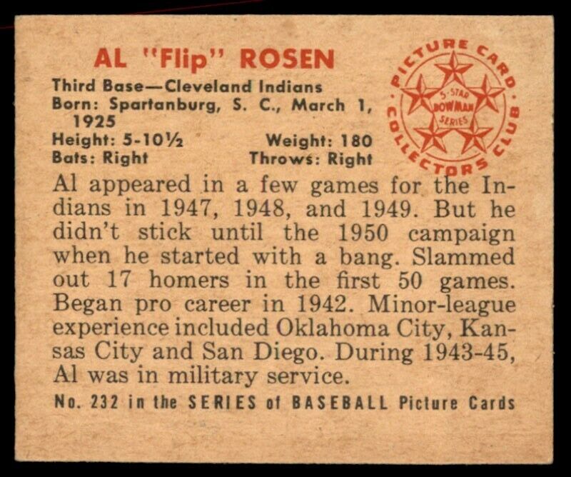 1950 Bowman NO COPYRIGHT Al Rosen RC NM Cleveland Indians #232 *Noles2148*