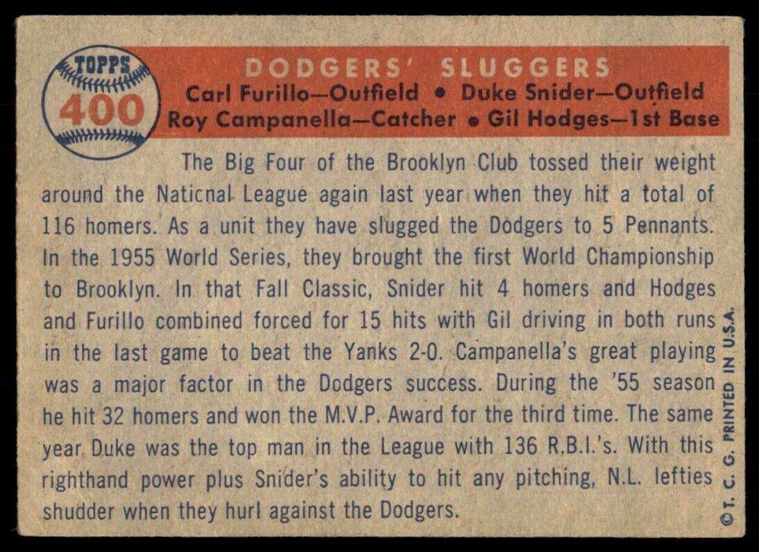 1957 Topps Dodgers' Sluggers (Carl Furillo/Gil Hodges/Roy Campanella/Duke