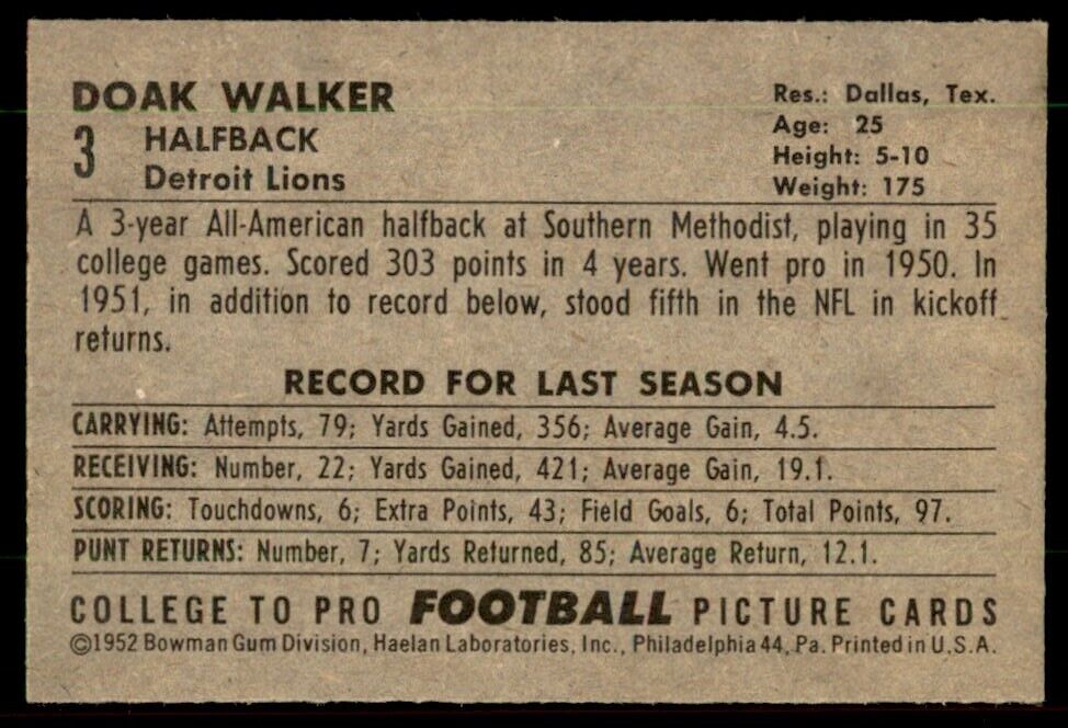 1952 Bowman Small Doak Walker NM Detroit Lions #3 *Noles2148*