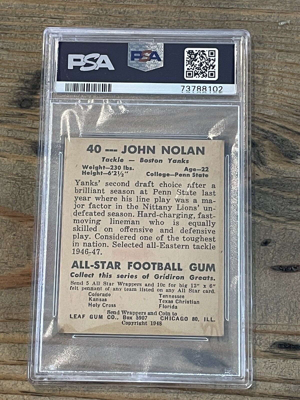 1948 Leaf Football #40 John Nolan ~Yanks PSA 6 EX-MT Green Jersey *Noles2148*