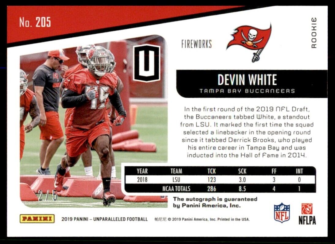 2019 Panini Unparalleled Fireworks Devin White Auto RC 2/5 Bucs #190