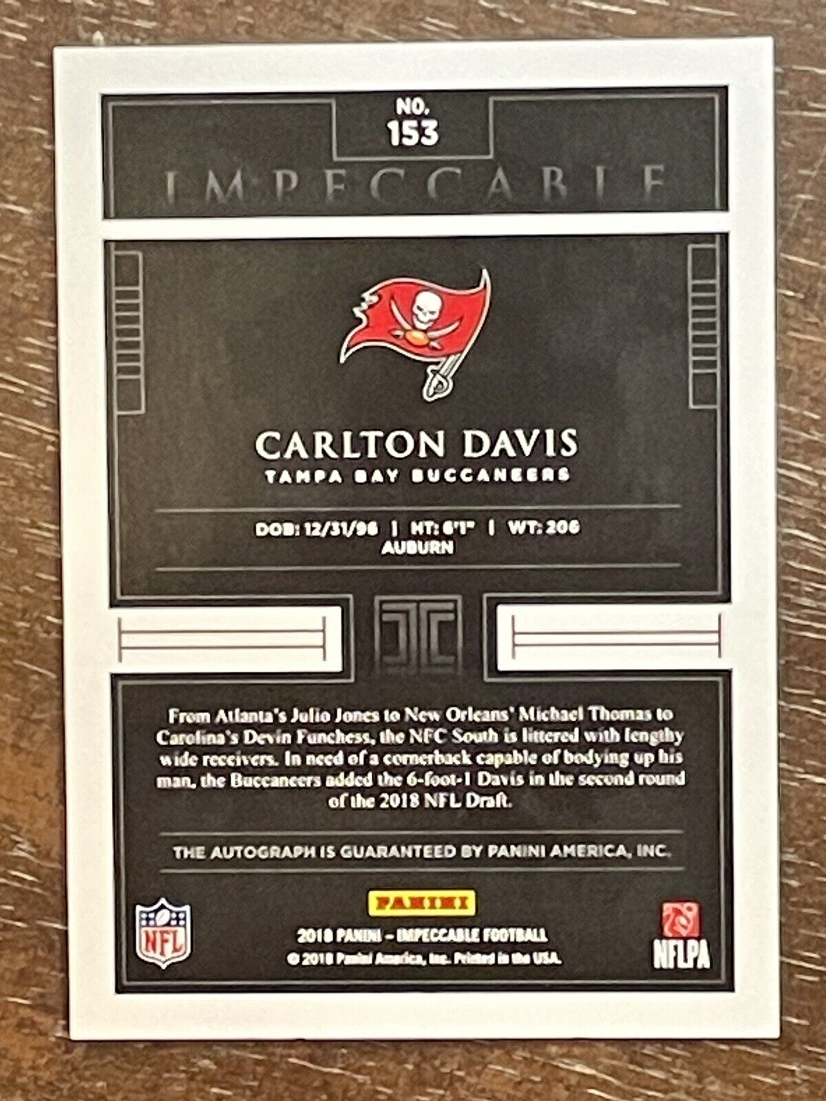 2018 Impeccable Carlton Davis RC Rookie Auto Emerald SP 5/5 Bucs *Noles2148*