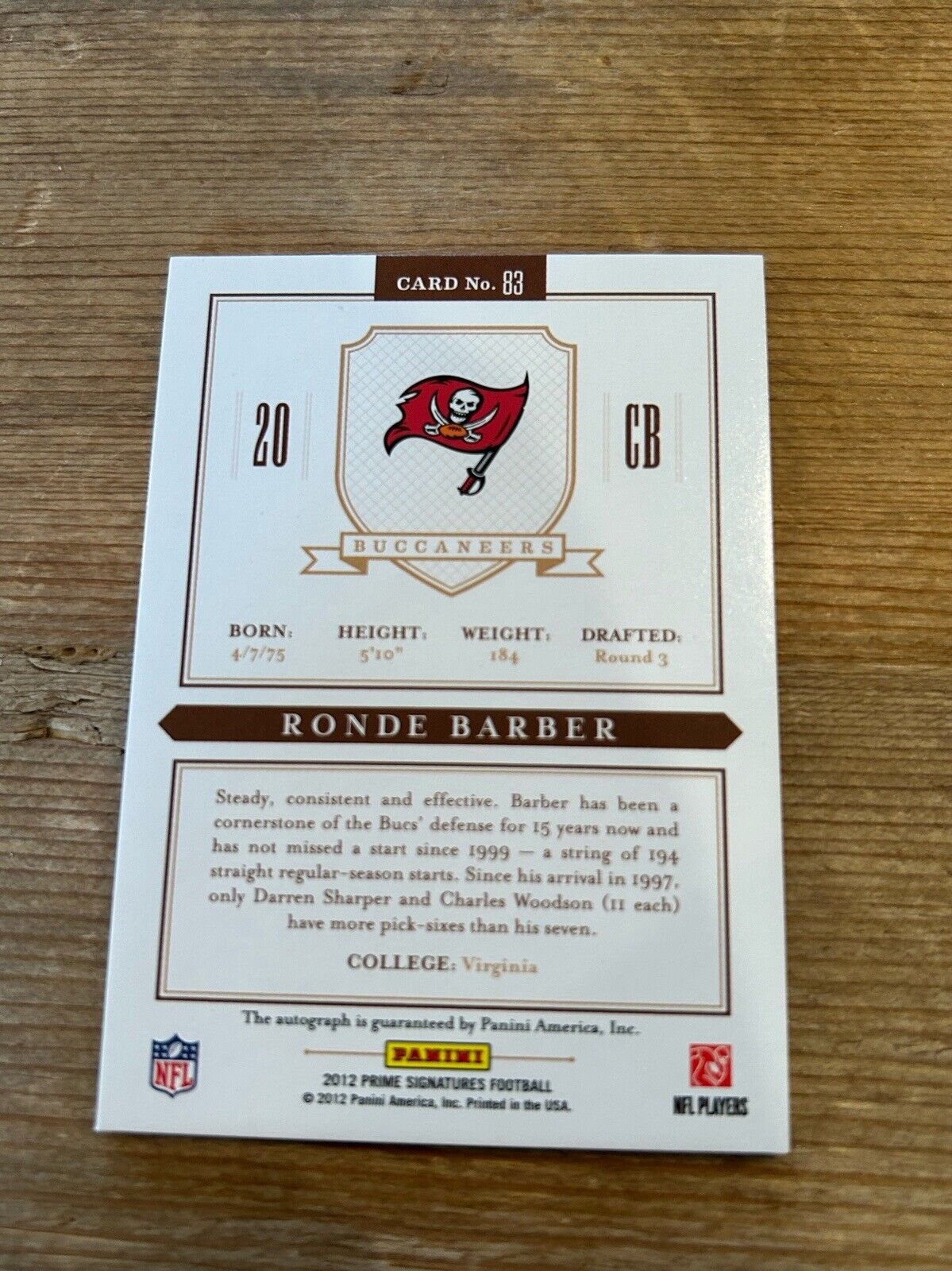 2012 Panini Prime Signatures Ronde Barber Signed AUTO 3/5 Buccaneers *Noles2148*