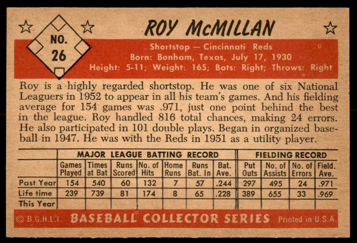 1953 Bowman Color Roy McMillan NM-MINT or BETTER Cincinnati Reds #26 *Noles2148*