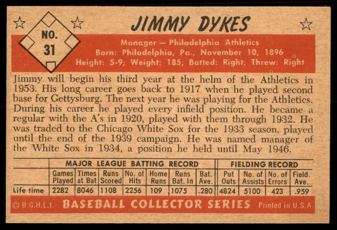 1953 Bowman Color Jimmie Dykes NM+SHARP! Philadelphia Athletics #31 *Noles2148*