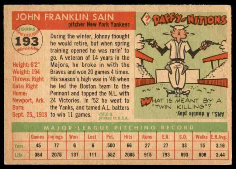 1955 Topps Johnny Sain Gray Back NICE Yankees #193 *Noles2148*