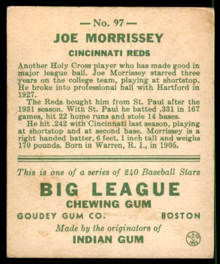 1933 Goudey Joe Morrissey RC Rookie VG++ Reds #97 *Noles2148*