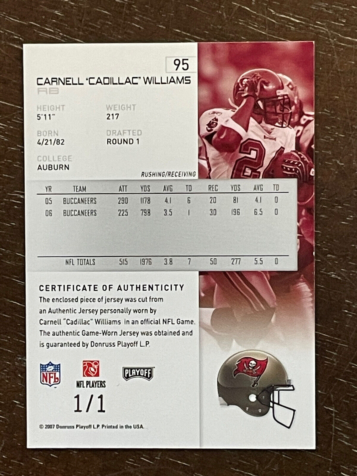 2007 NFL Playoffs Cadillac Williams #95 GAME WORN Platinum Materials TRUE 1/1