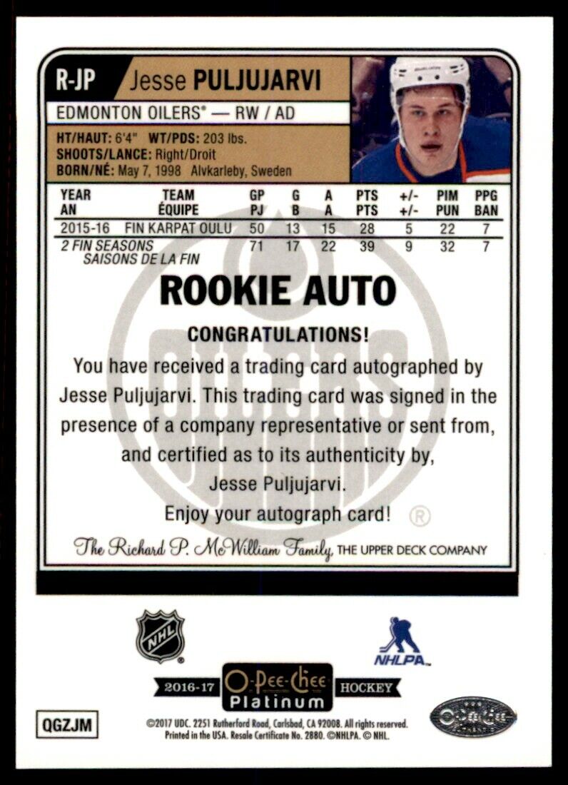 2016-17 O-Pee-Chee Platinum Rookie Jesse Puljujarvi RC Auto Auto Oilers #R-JP