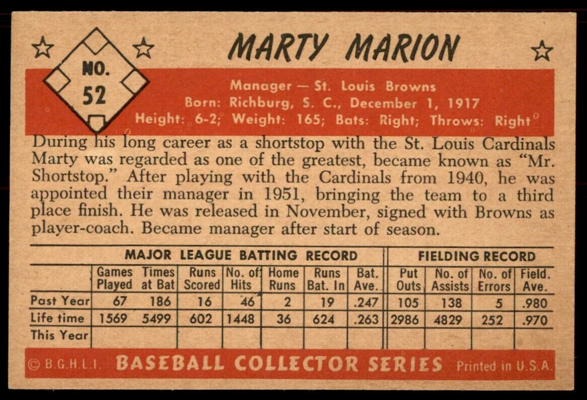 1953 Bowman Color Marty Marion NM-MT or BETTER St. Louis Browns #52 *Noles2148*