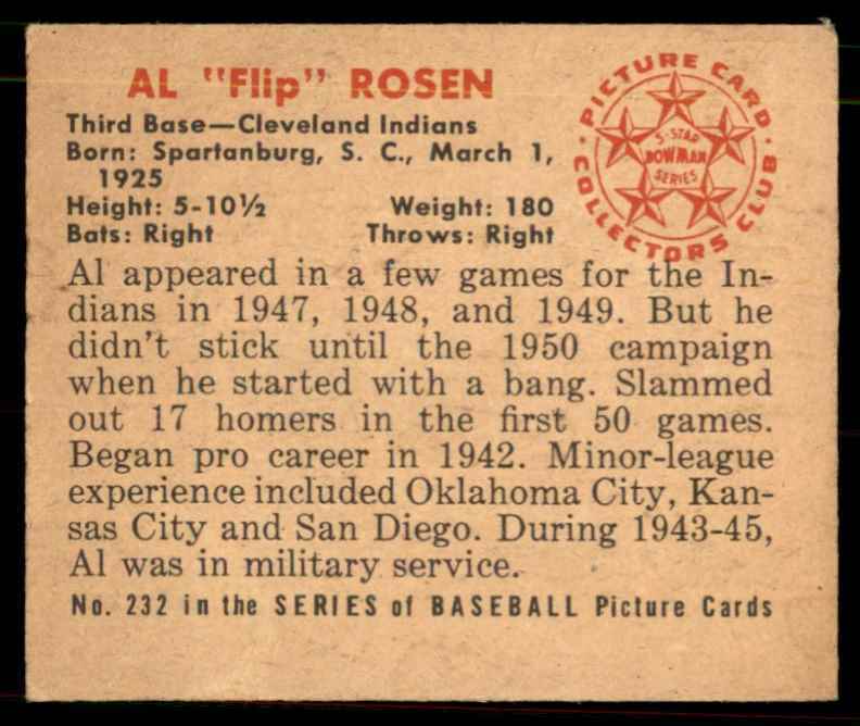 1950 Bowman No Copyright Al Rosen NM Indians #232 *Noles2148*