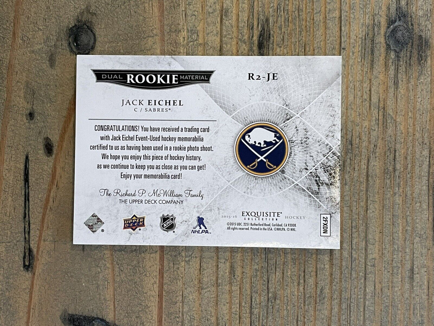 2015-16 Black Diamond Exquisite JACK EICHEL RC Dual Material 3CLR Patch #d/149