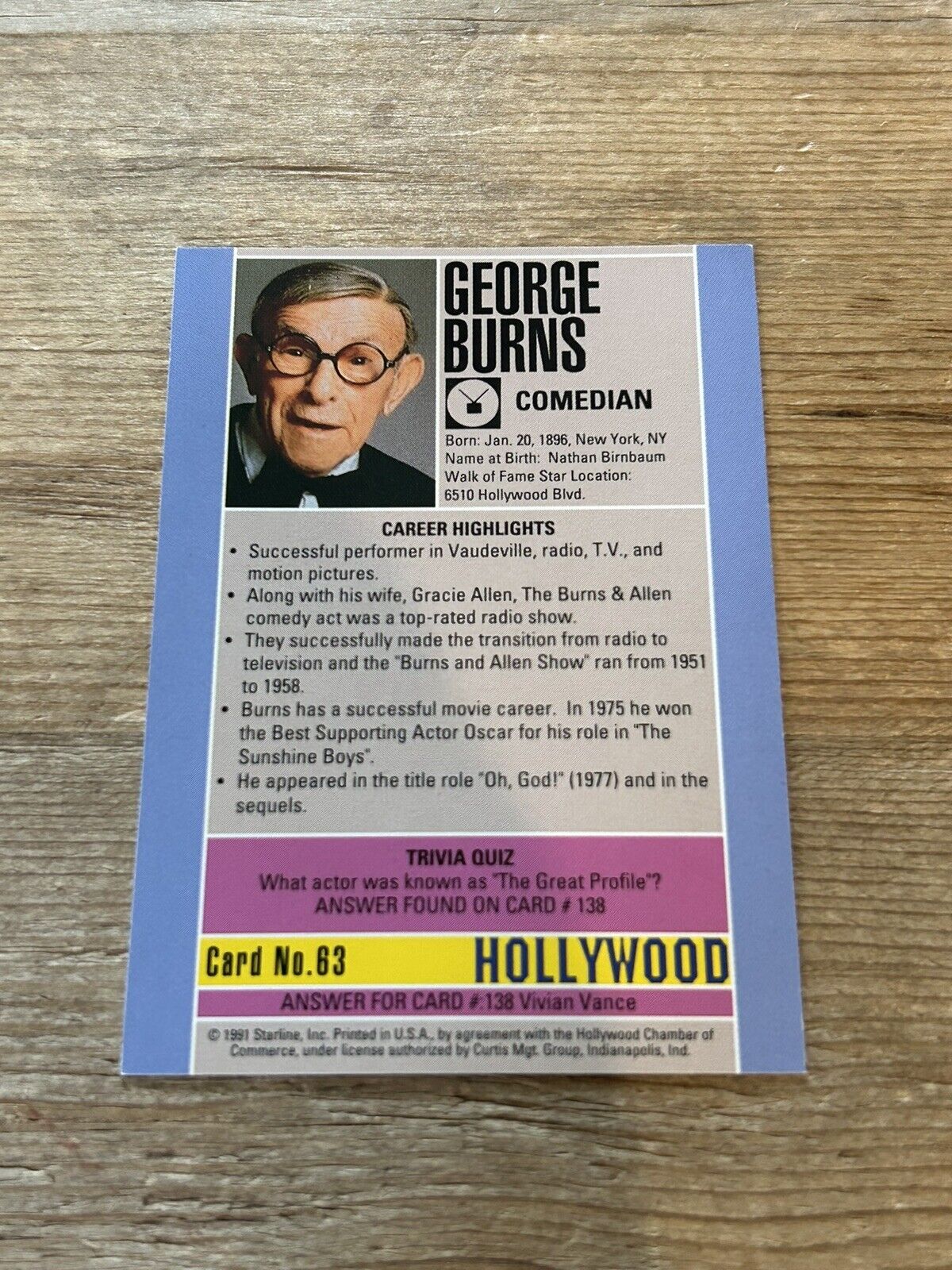 1991 Starline Hollywood George Burns Comedian #63 Autograph Auto *Noles2148*