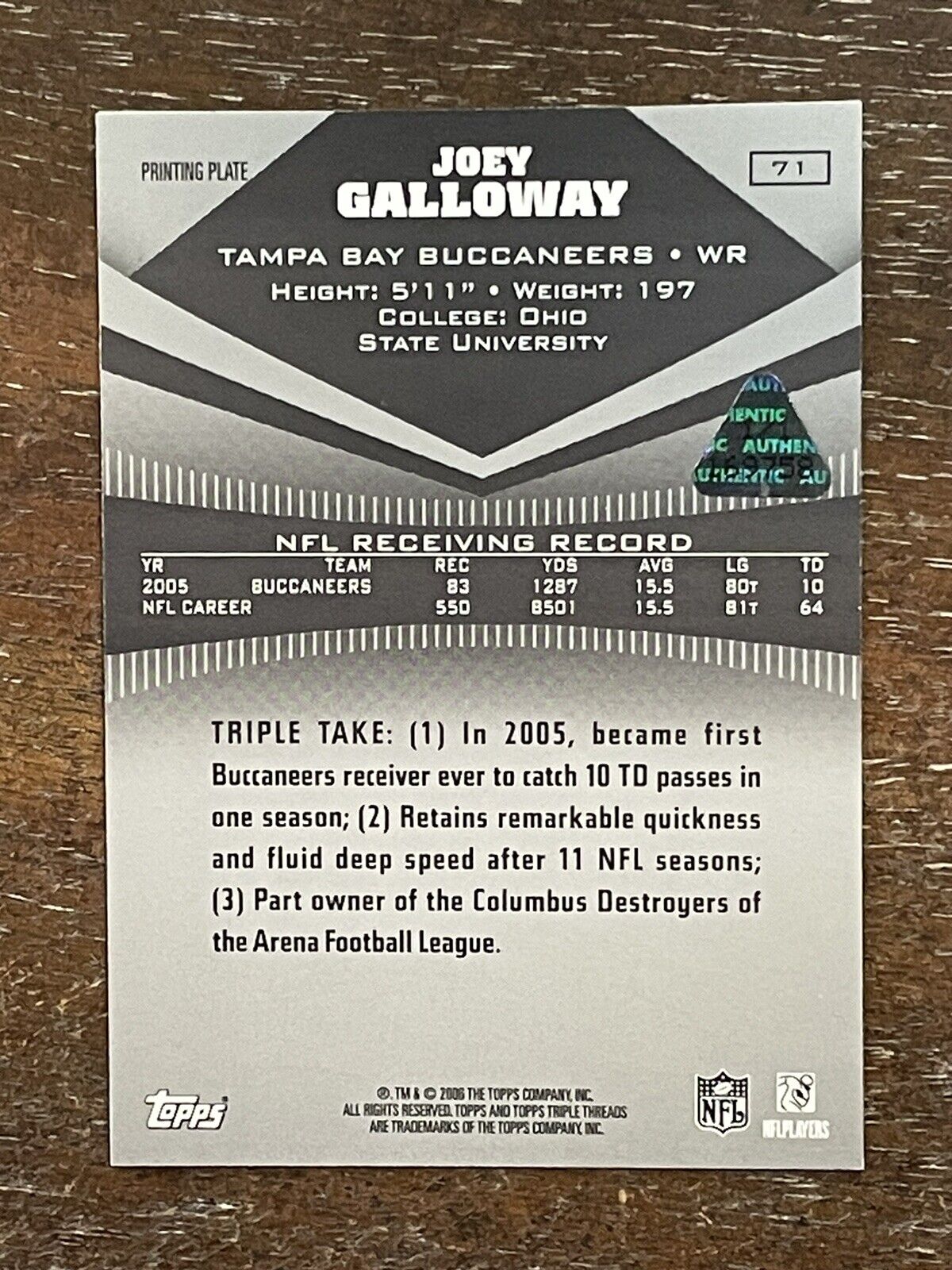 Joey Galloway 2006 Topps Triple Threads Cyan Printing Plate TRUE 1/1 *Noles2148*